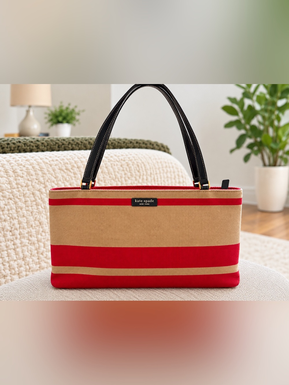 kate spade Red and Tan Stripe Canvas Tote with Black Handles
